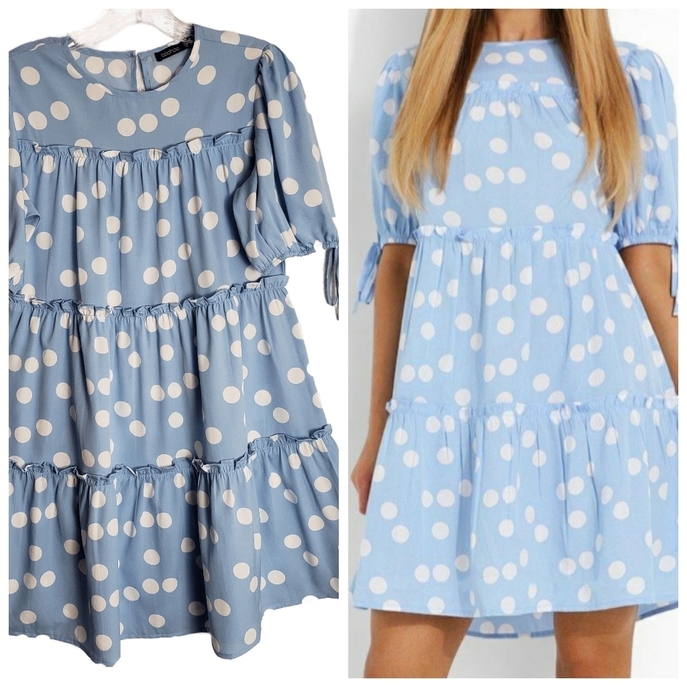 BOOHOO Polka dot Tiered Ruffle Smock Dress Size 6